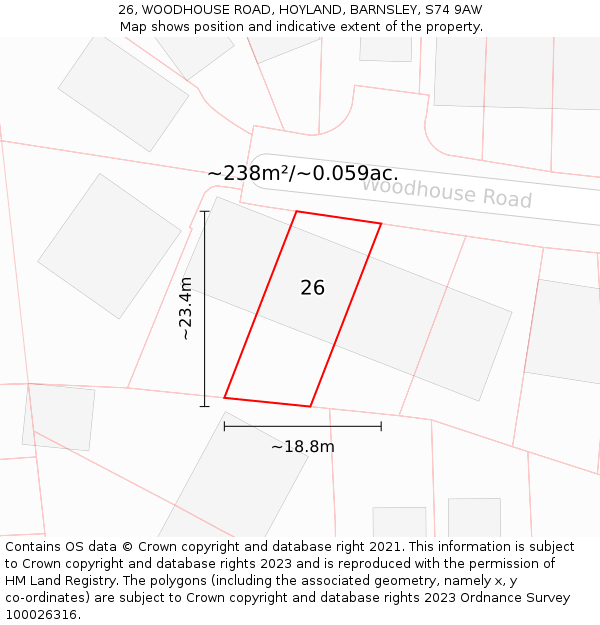 26, WOODHOUSE ROAD, HOYLAND, BARNSLEY, S74 9AW: Plot and title map