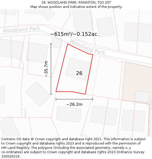 26, WOODLAND PARK, PAIGNTON, TQ3 2ST: Plot and title map
