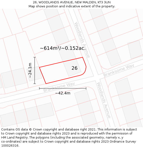 26, WOODLANDS AVENUE, NEW MALDEN, KT3 3UN: Plot and title map