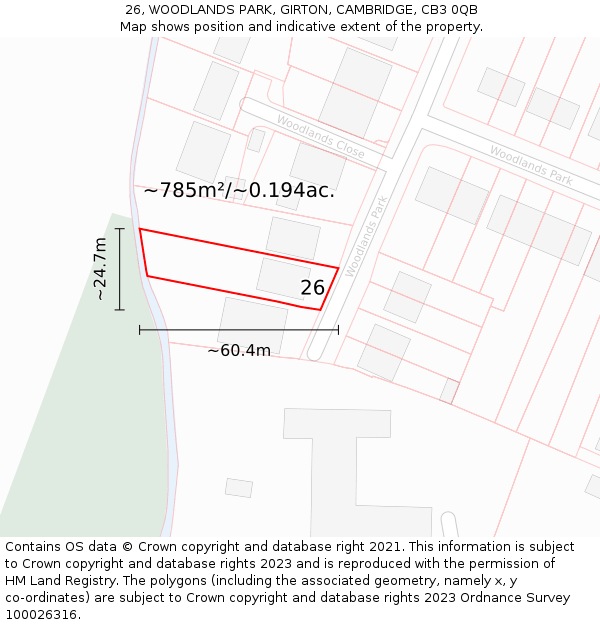 26, WOODLANDS PARK, GIRTON, CAMBRIDGE, CB3 0QB: Plot and title map