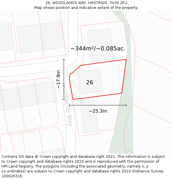 26, WOODLANDS WAY, HASTINGS, TN34 2FU: Plot and title map