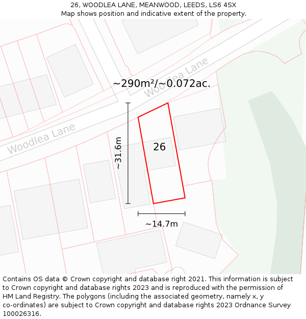 26, WOODLEA LANE, MEANWOOD, LEEDS, LS6 4SX: Plot and title map