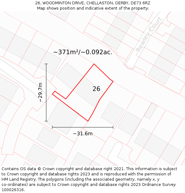 26, WOODMINTON DRIVE, CHELLASTON, DERBY, DE73 6RZ: Plot and title map