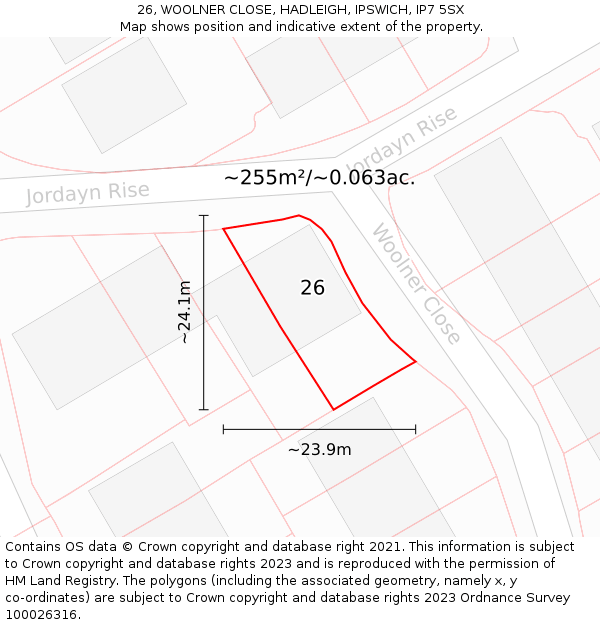 26, WOOLNER CLOSE, HADLEIGH, IPSWICH, IP7 5SX: Plot and title map