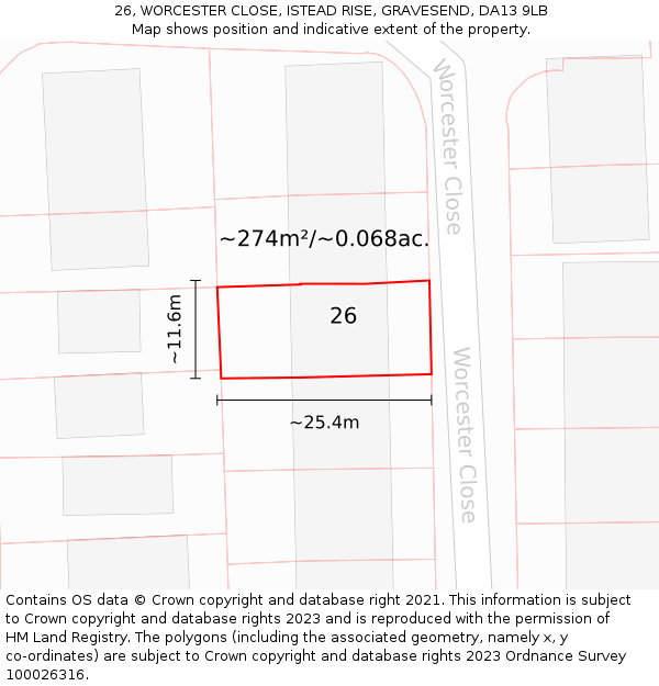 26, WORCESTER CLOSE, ISTEAD RISE, GRAVESEND, DA13 9LB: Plot and title map