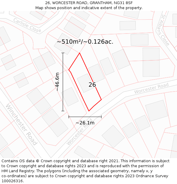 26, WORCESTER ROAD, GRANTHAM, NG31 8SF: Plot and title map
