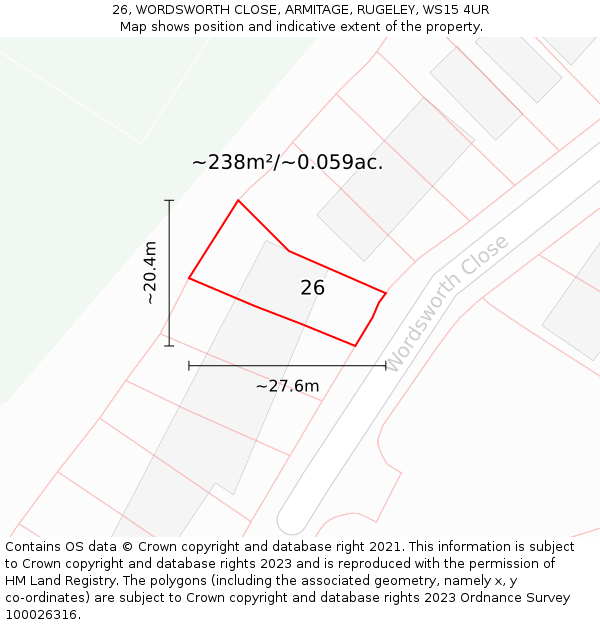 26, WORDSWORTH CLOSE, ARMITAGE, RUGELEY, WS15 4UR: Plot and title map
