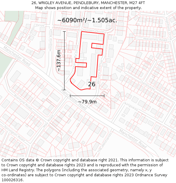 26, WRIGLEY AVENUE, PENDLEBURY, MANCHESTER, M27 4FT: Plot and title map