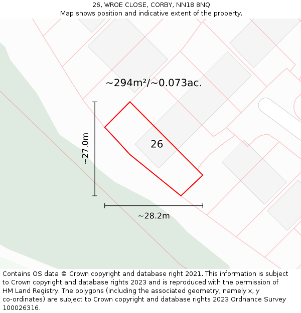 26, WROE CLOSE, CORBY, NN18 8NQ: Plot and title map