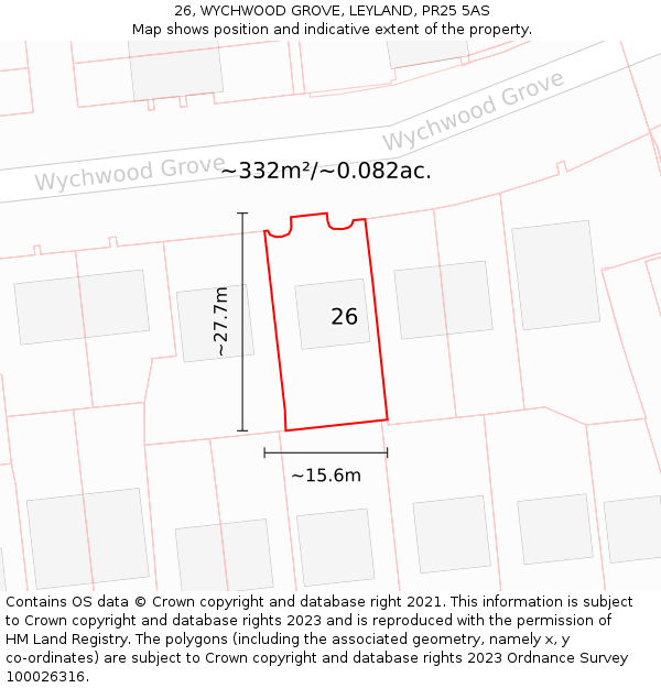 26, WYCHWOOD GROVE, LEYLAND, PR25 5AS: Plot and title map
