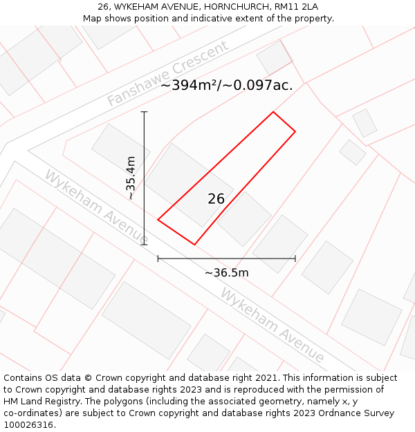 26, WYKEHAM AVENUE, HORNCHURCH, RM11 2LA: Plot and title map