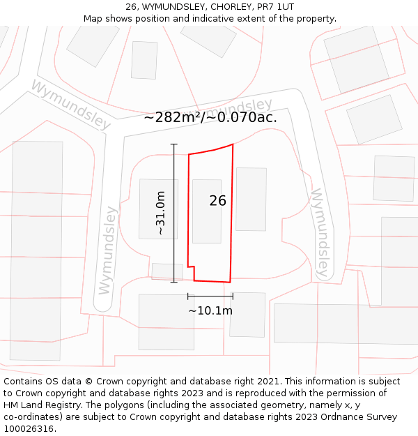 26, WYMUNDSLEY, CHORLEY, PR7 1UT: Plot and title map