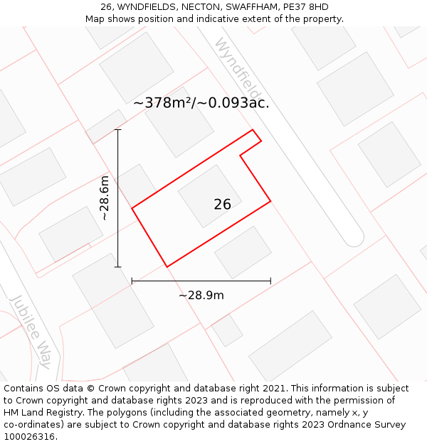 26, WYNDFIELDS, NECTON, SWAFFHAM, PE37 8HD: Plot and title map