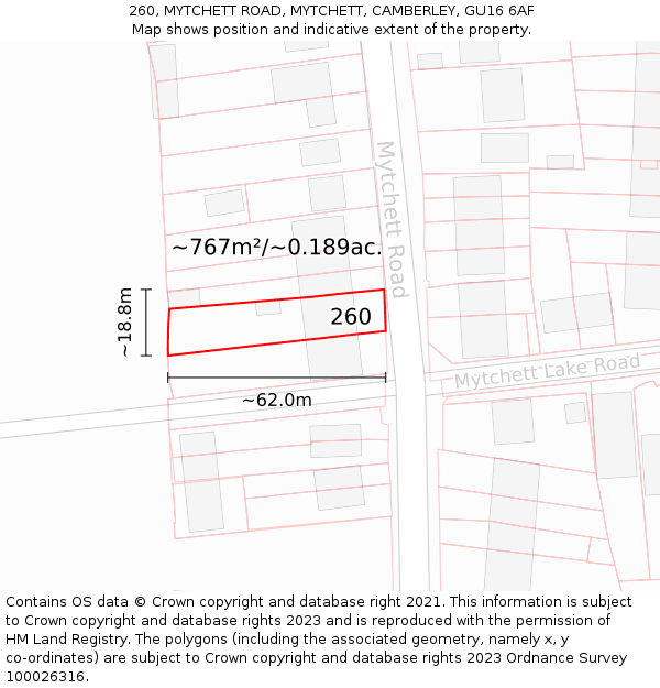 260, MYTCHETT ROAD, MYTCHETT, CAMBERLEY, GU16 6AF: Plot and title map