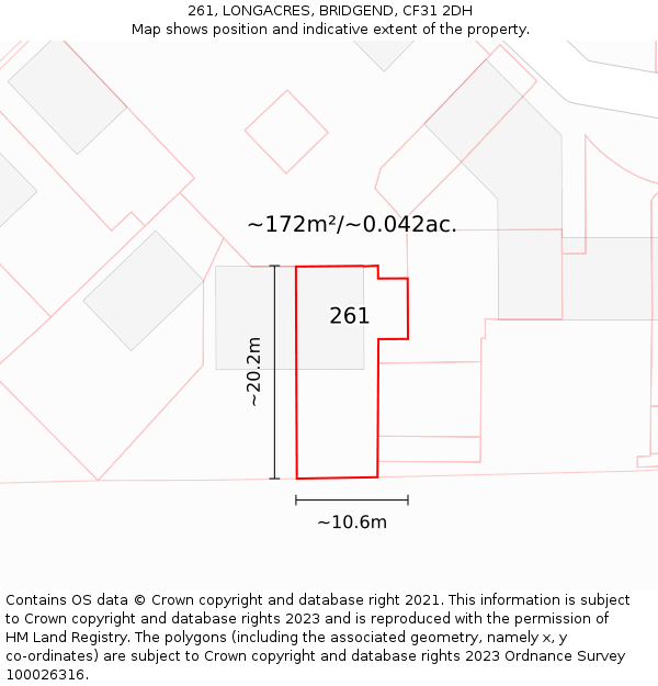 261, LONGACRES, BRIDGEND, CF31 2DH: Plot and title map