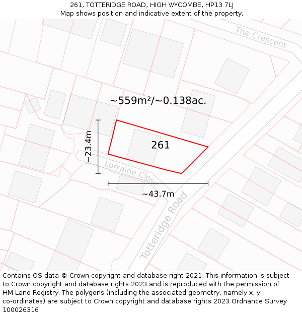 261, TOTTERIDGE ROAD, HIGH WYCOMBE, HP13 7LJ: Plot and title map