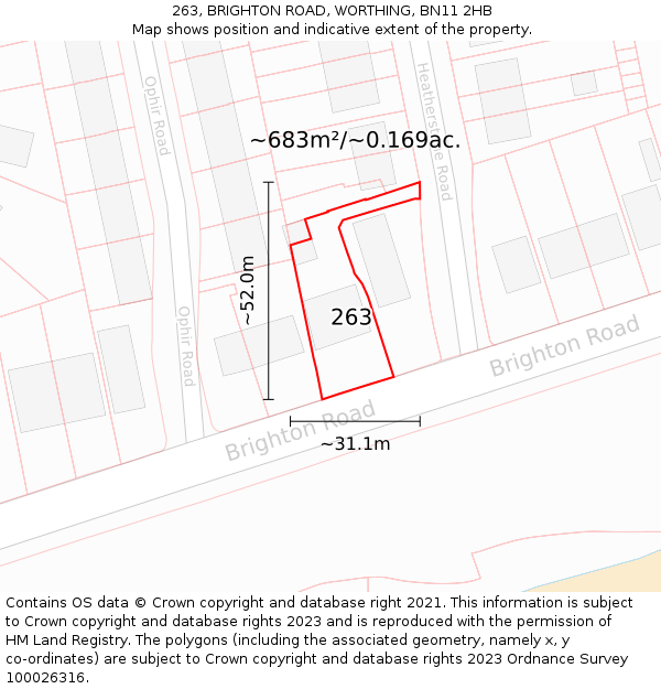 263, BRIGHTON ROAD, WORTHING, BN11 2HB: Plot and title map