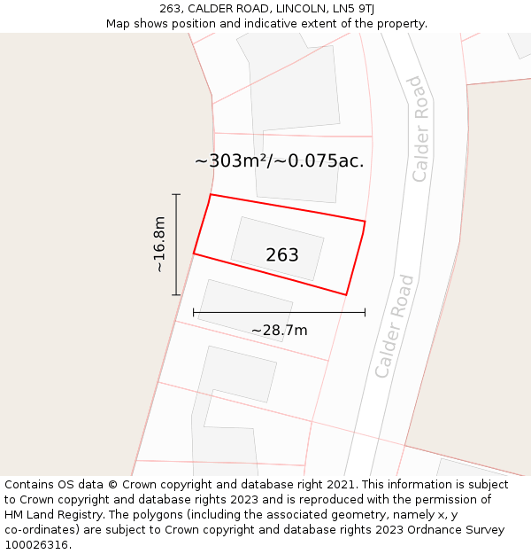 263, CALDER ROAD, LINCOLN, LN5 9TJ: Plot and title map