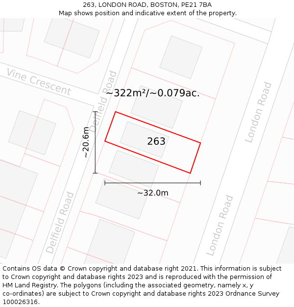 263, LONDON ROAD, BOSTON, PE21 7BA: Plot and title map