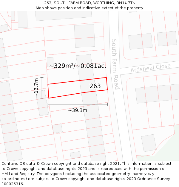 263, SOUTH FARM ROAD, WORTHING, BN14 7TN: Plot and title map