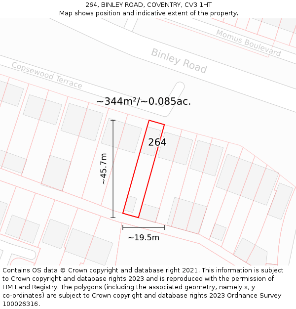264, BINLEY ROAD, COVENTRY, CV3 1HT: Plot and title map