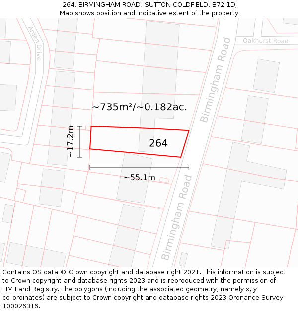 264, BIRMINGHAM ROAD, SUTTON COLDFIELD, B72 1DJ: Plot and title map
