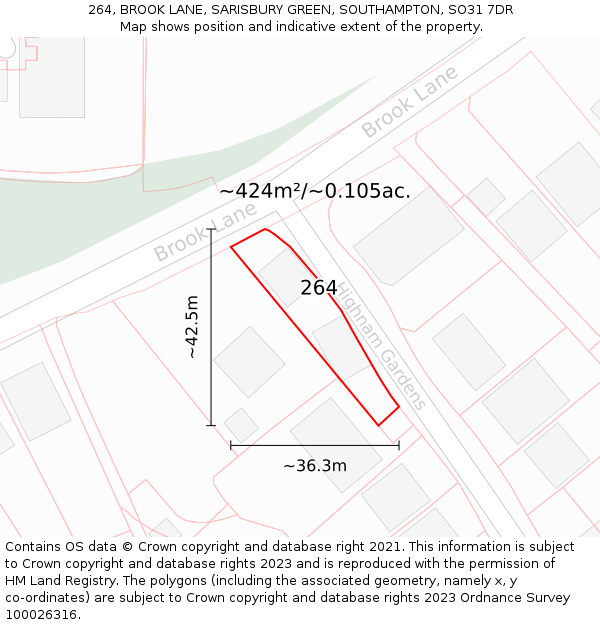 264, BROOK LANE, SARISBURY GREEN, SOUTHAMPTON, SO31 7DR: Plot and title map