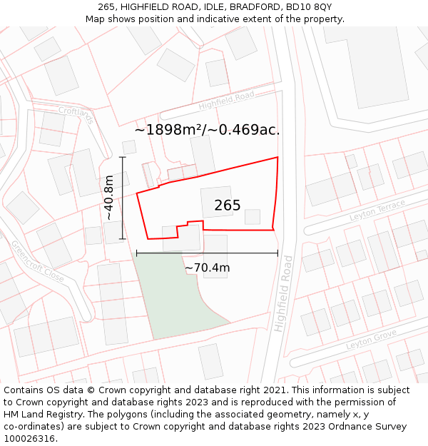 265, HIGHFIELD ROAD, IDLE, BRADFORD, BD10 8QY: Plot and title map