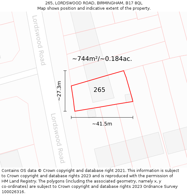 265, LORDSWOOD ROAD, BIRMINGHAM, B17 8QL: Plot and title map