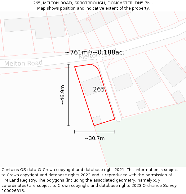 265, MELTON ROAD, SPROTBROUGH, DONCASTER, DN5 7NU: Plot and title map