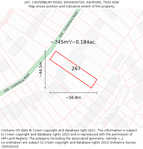 267, CANTERBURY ROAD, KENNINGTON, ASHFORD, TN24 9QW: Plot and title map