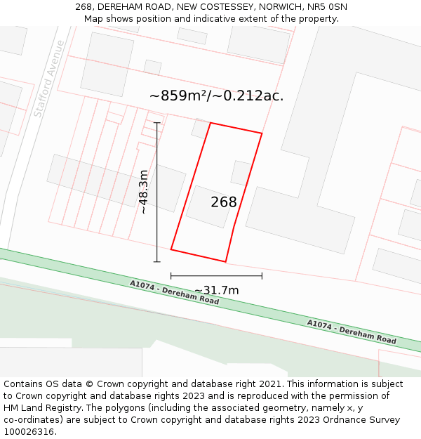 268, DEREHAM ROAD, NEW COSTESSEY, NORWICH, NR5 0SN: Plot and title map