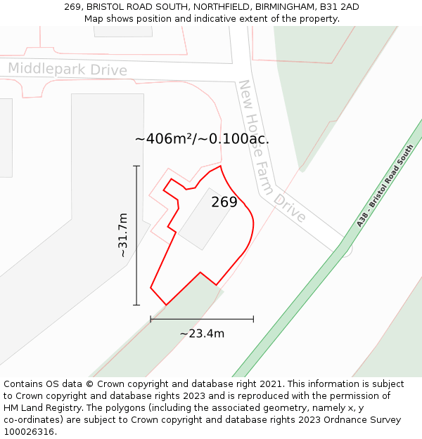 269, BRISTOL ROAD SOUTH, NORTHFIELD, BIRMINGHAM, B31 2AD: Plot and title map