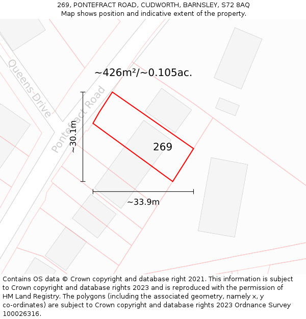269, PONTEFRACT ROAD, CUDWORTH, BARNSLEY, S72 8AQ: Plot and title map