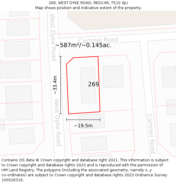 269, WEST DYKE ROAD, REDCAR, TS10 4JU: Plot and title map