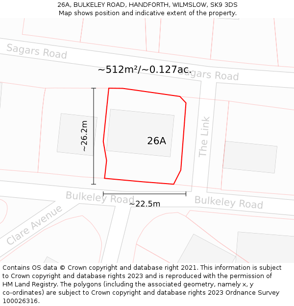 26A, BULKELEY ROAD, HANDFORTH, WILMSLOW, SK9 3DS: Plot and title map