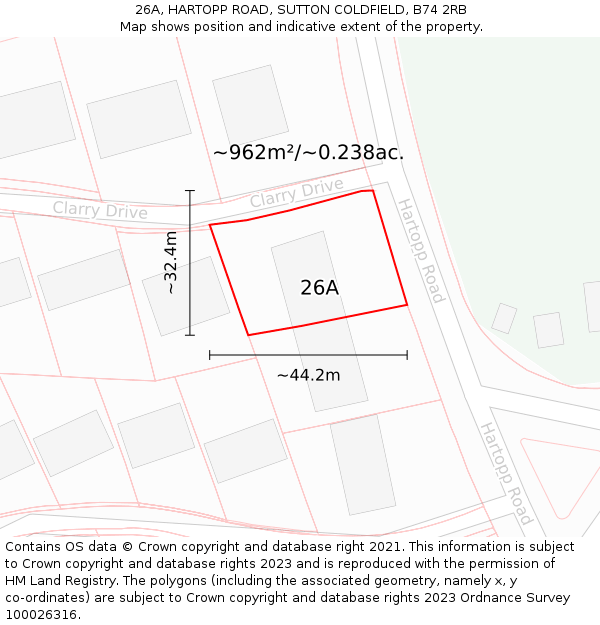 26A, HARTOPP ROAD, SUTTON COLDFIELD, B74 2RB: Plot and title map