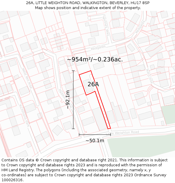 26A, LITTLE WEIGHTON ROAD, WALKINGTON, BEVERLEY, HU17 8SP: Plot and title map