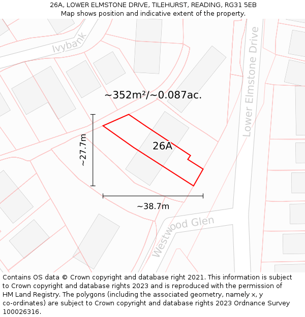 26A, LOWER ELMSTONE DRIVE, TILEHURST, READING, RG31 5EB: Plot and title map