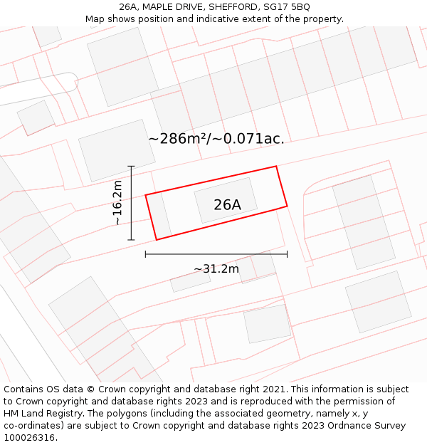 26A, MAPLE DRIVE, SHEFFORD, SG17 5BQ: Plot and title map