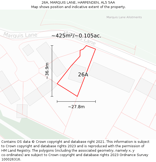 26A, MARQUIS LANE, HARPENDEN, AL5 5AA: Plot and title map