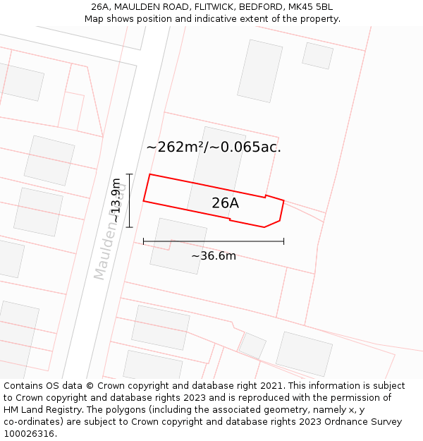 26A, MAULDEN ROAD, FLITWICK, BEDFORD, MK45 5BL: Plot and title map