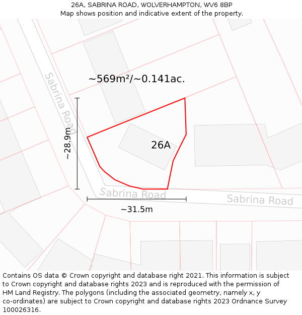 26A, SABRINA ROAD, WOLVERHAMPTON, WV6 8BP: Plot and title map