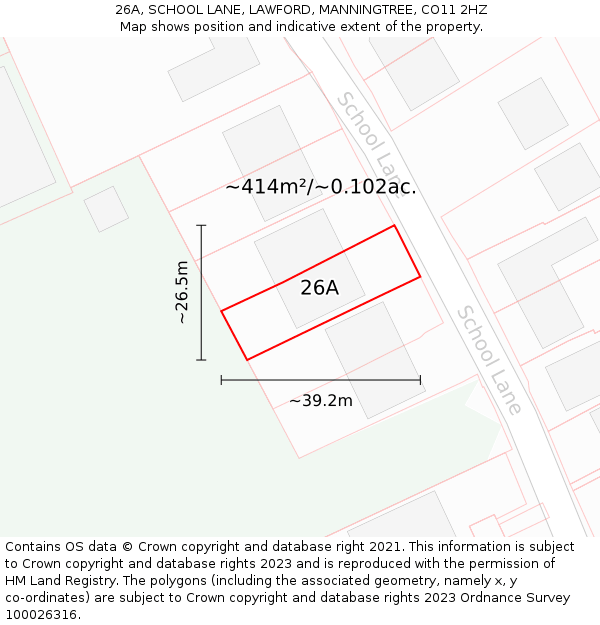 26A, SCHOOL LANE, LAWFORD, MANNINGTREE, CO11 2HZ: Plot and title map