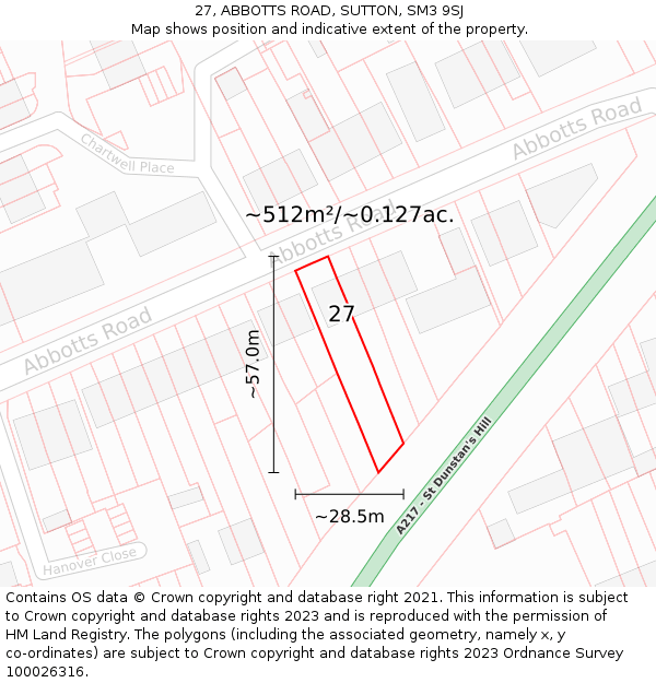 27, ABBOTTS ROAD, SUTTON, SM3 9SJ: Plot and title map