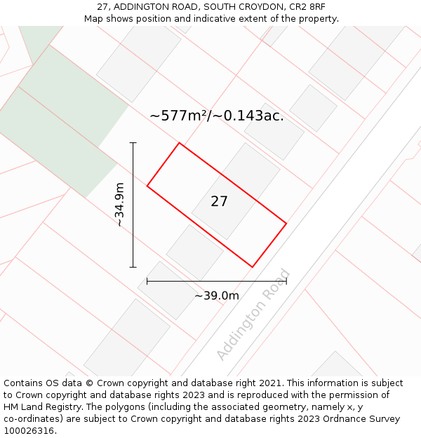 27, ADDINGTON ROAD, SOUTH CROYDON, CR2 8RF: Plot and title map