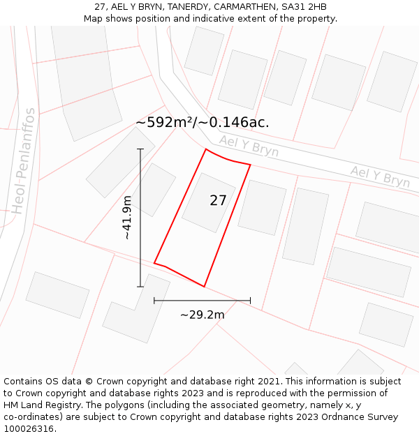 27, AEL Y BRYN, TANERDY, CARMARTHEN, SA31 2HB: Plot and title map