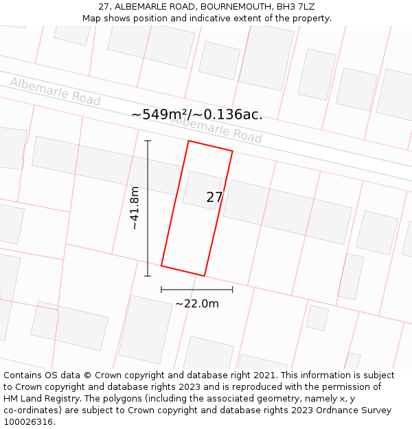 27, ALBEMARLE ROAD, BOURNEMOUTH, BH3 7LZ: Plot and title map