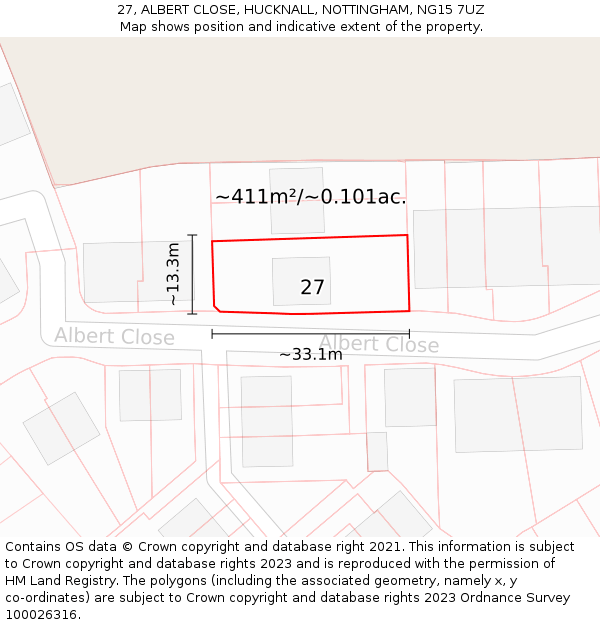 27, ALBERT CLOSE, HUCKNALL, NOTTINGHAM, NG15 7UZ: Plot and title map