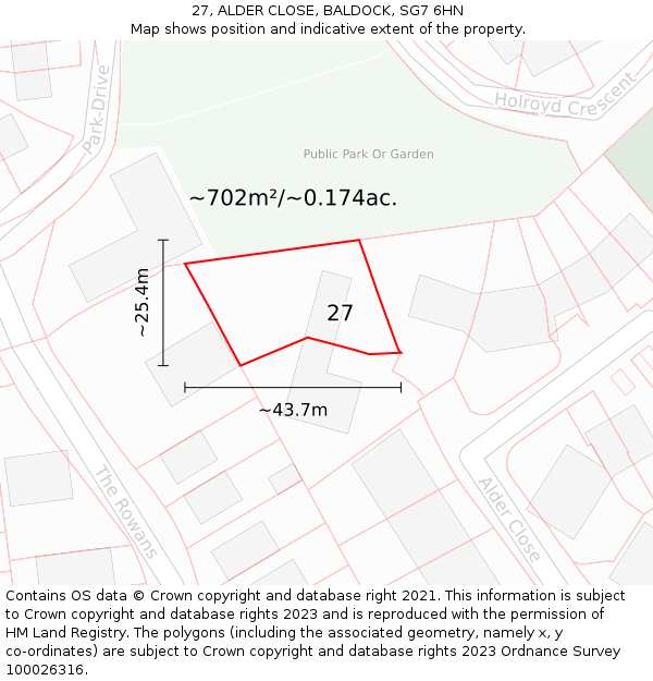 27, ALDER CLOSE, BALDOCK, SG7 6HN: Plot and title map